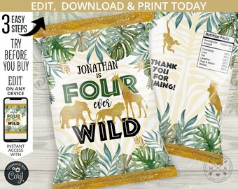 Jungle four ever wild chip bag, treat snacks bags, safari chip bag, chips pouch, gold, favors, birthday party editable template. 040HPA 30 E