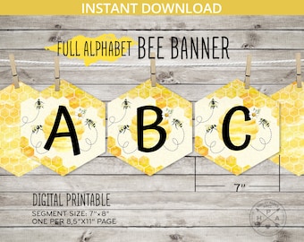 Banner del alfabeto completo del día de la abeja ABC. Panal de miel de colmena de abejorros imprimible del primer cumpleaños del día de las abejas. Descarga instantánea. NO EDITABLE. 059HPA 15B