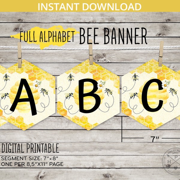 ABC Bee day full alphabet banner. First bee-day birthday printable bumblebee beehive honey comb. Instant download. NOT EDITABLE. 059HPA 15 B