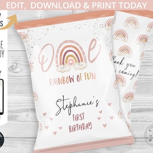 Rainbow chips bag first birthday boho muted earth dull pastel colors clouds watercolor terracotta ONE party, editable printable. 184HPA 30 B