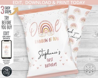May include: A printable chip bag design for a first birthday party. The bag features a rainbow with clouds and the text "One Rainbow of Fun" and "Stephanie's First Birthday".
