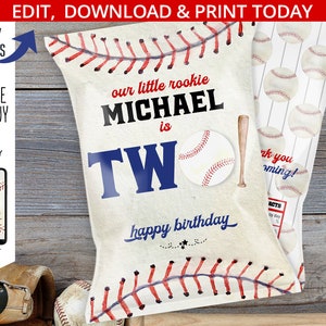 Baseball-Chips Tasche zweiter Geburtstag, TWO, Chip Beutel, Behälter für Party-Snacks, Rookie-Sportspiel. Bearbeitbares Design 191HPA 30 M