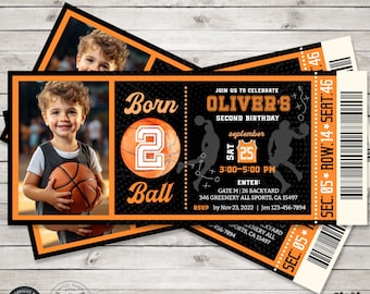 Born two ball Basketball 2nd birthday ticket invitation all stars boy TWO party ball games time rookie. Editable card design. 252HPA 02