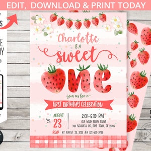 Erdbeer süß EINE Beere erste Einladung Beeren Frühling Obst Mädchen Erdbeeren Bauernhofmarkt Einladungen. Bearbeitbar bedruckbar. 223HPA 01