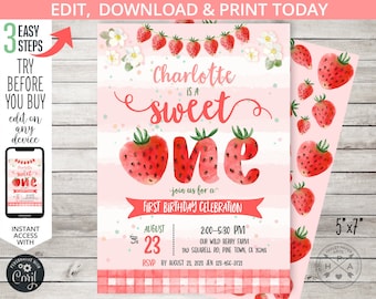 Strawberry sweet ONE berry first invitation berries spring fruit girl strawberries farm market invitations. Editable printable. 223HPA 01