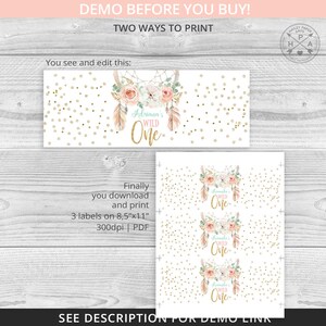 May include: Printable party favor labels featuring a dreamcatcher with feathers, flowers, and gold glitter. The text reads "Adriana's Wild One".