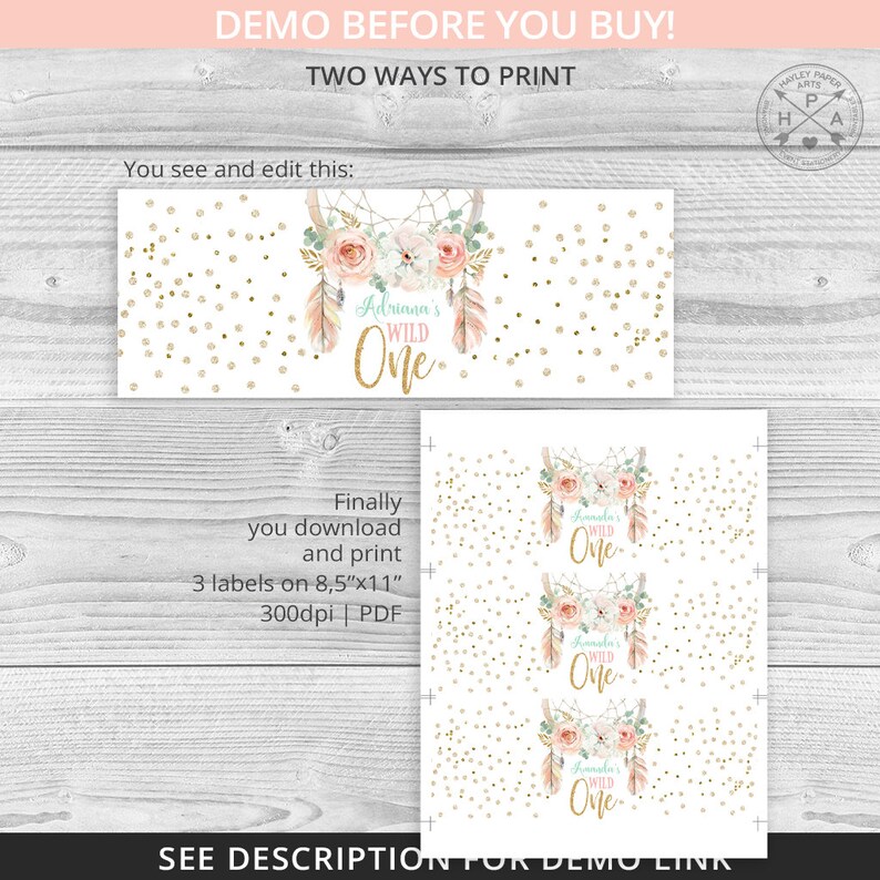 May include: Printable party favor labels featuring a dreamcatcher with feathers, flowers, and gold glitter. The text reads "Adriana's Wild One".