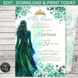 Quinceañera invitation Emerald Green birthday Mis quince 16th girl sweet sixteen floral gold tiara anos. Editable printable. 253HPA 01