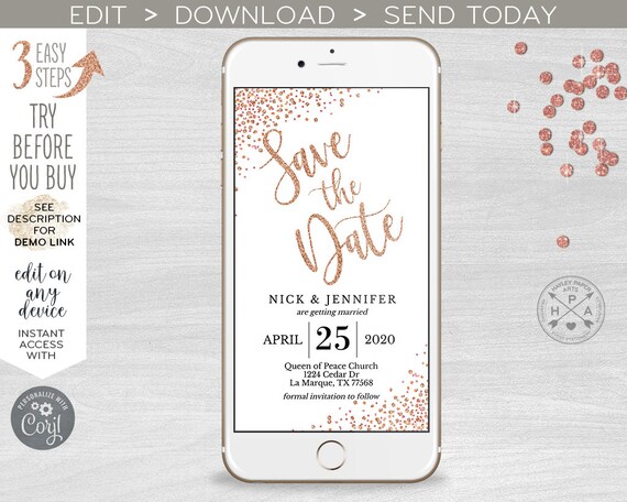 Save the Date digital rose gold confetti invitation script handwritten smartphone message electronic invite. Instant download. 400HPA E21 Il_570xn