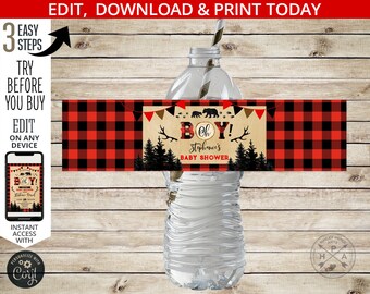 Etiqueta de botella de agua de leñador baby shower Oh chico rojo negro a cuadros franela oso etiquetas de astas de bosque. Editable imprimible. 144HPA 12A