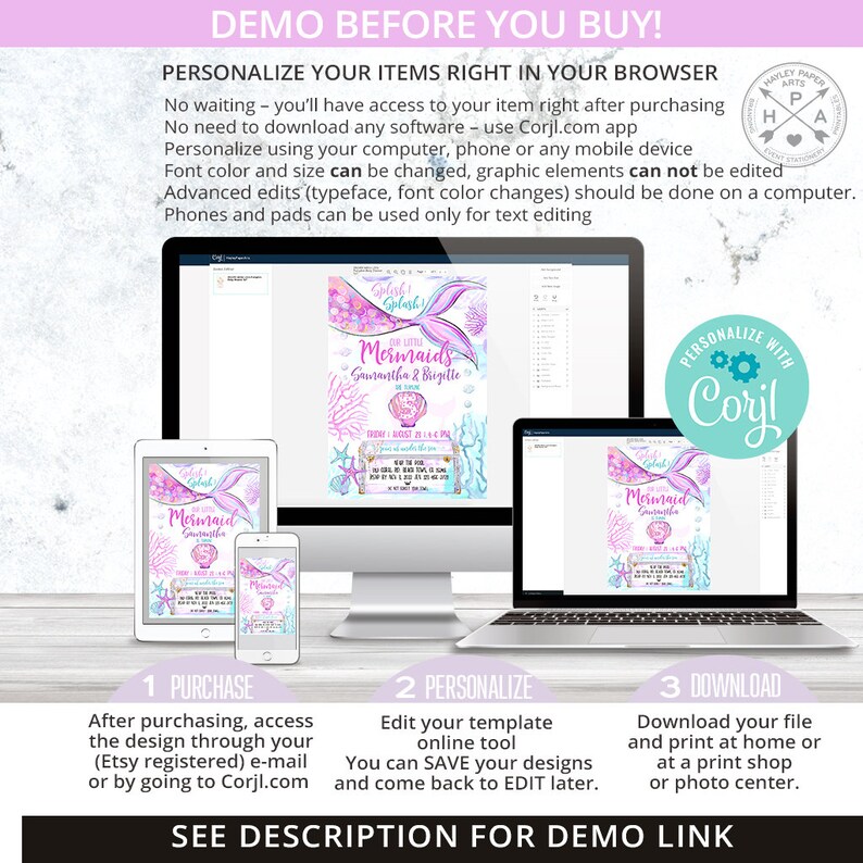 May include: A digital invitation template for a mermaid-themed party. The invitation features a mermaid tail with a pink and blue colour scheme, a seashell, and the text "Our Little Mermaids Samantha & Brigitte". The invitation is customisable using the Corjl.com app.