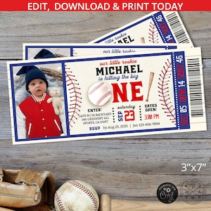 Invito per biglietto da baseball per il primo compleanno UNA festa per ragazzo rosso blu navy invita il principiante dell'anno con la palla sportiva. Progettazione modificabile. 191HPA 44 H