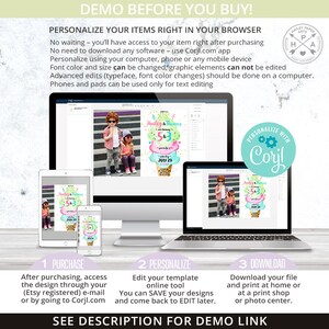 May include: A digital mockup showing how to personalize an ice cream cone-themed birthday invitation using the Corjl.com website. The invitation features a pink and green ice cream cone with the text "Hailey & Thomas" and "53" on it. The invitation is shown on a computer screen, a tablet, and a smartphone.