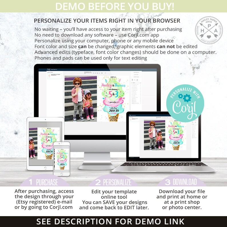 May include: A digital mockup showing how to personalize an ice cream cone-themed birthday invitation using the Corjl.com website. The invitation features a pink and green ice cream cone with the text "Hailey & Thomas" and "53" on it. The invitation is shown on a computer screen, a tablet, and a smartphone.