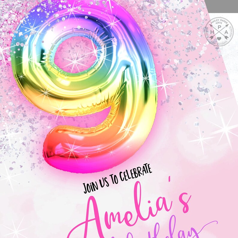 May include: A rainbow-colored number nine balloon with a pink and white glitter background. The text "Join us to celebrate Amelia's Birthday" is written below the balloon.