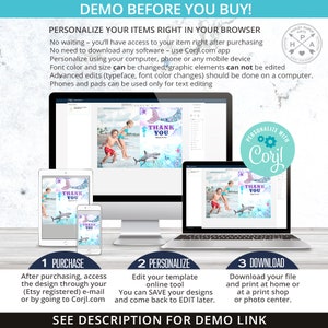 May include: A digital design template for a thank you card with a mermaid and shark illustration. The template can be personalized with text and photos using the Corjl.com app. The card is blue, purple, and green.