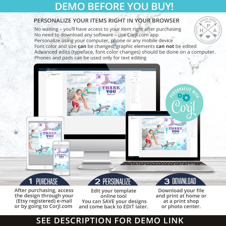 May include: A digital design template for a thank you card with a mermaid and shark illustration. The template can be personalized with text and photos using the Corjl.com app. The card is blue, purple, and green.