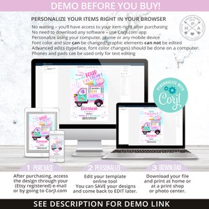 May include: A digital invitation template for a birthday party with an ice cream van theme. The invitation features a pink and blue ice cream van with the text "Four Scoops of Ice Cream" and "Elizabeth is turning 4". The invitation is customisable using the Corjl.com app.