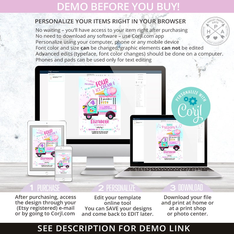 May include: A digital invitation template for a birthday party with an ice cream van theme. The invitation features a pink and blue ice cream van with the text "Four Scoops of Ice Cream" and "Elizabeth is turning 4". The invitation is customisable using the Corjl.com app.