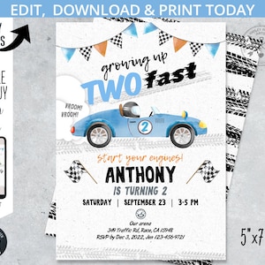 Deux invitations d&#39;anniversaire pour voitures de course vintage rapides, deux fêtes d&#39;anniversaire rapides pour le 2e anniversaire de course, fête de voitures bleues. Imprimable modifiable. 212HPA 01