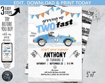 Two fast vintage race car birthday invitation, two fast 2 2nd birthday party racing blue car party. Editable printable. 212HPA 01