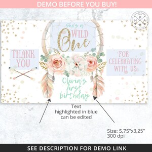 EDITABLE Dreamcatcher wild one first birthday gable gift box labels. Pink pastel handle favor takeway box tags Editable template 122HPA 26 C image 3