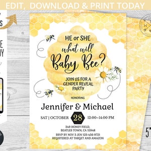 What will baby bee gender reveal shower party invitation little honey bumble beehive honeycomb watercolor. EDITABLE template. 049HPA 02