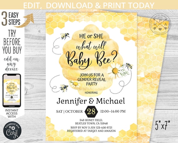 What Will Baby Bee Gender Reveal Shower Party Invitation Etsy What Will Baby Bee Gender Reveal Shower Party Invitation Etsy