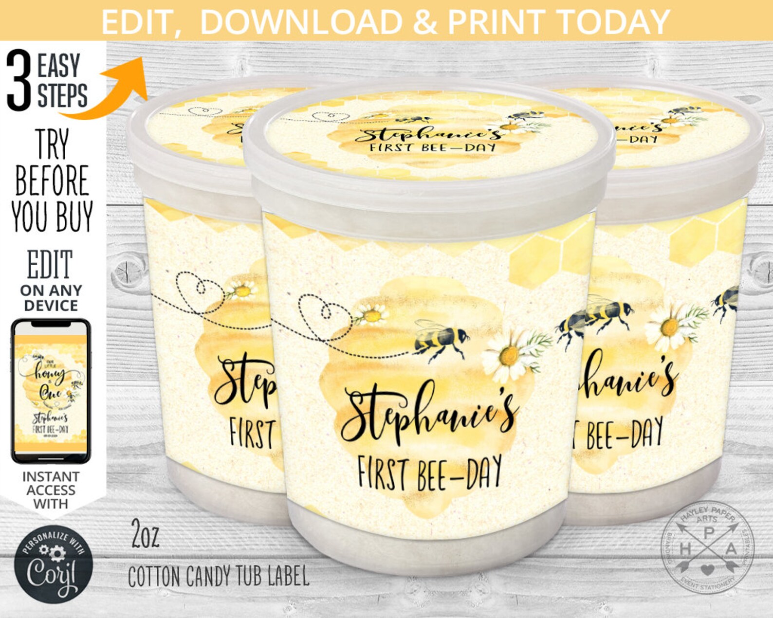 Bee Cotton Candy Tub Label Plastic Container First 1st Etsy