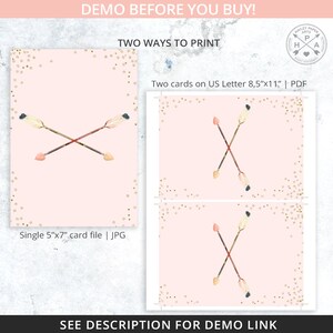 May include: Two printable designs for a 5x7 inch card featuring crossed arrows with pink and gold accents on a pink background. The text "Two cards on US Letter 8.5"x11" | PDF" and "Single 5"x7" card file | JPG" is included.