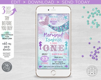 Mermaid electronic birthday under sea invitation smartphone e-vite first one online digital invite Instant download. 400HPA E060 03 060HPA