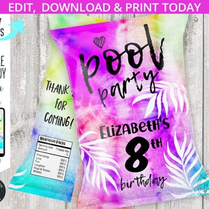 Tie Dye Pool Party Chips Tasche, Sommer Schwimmen Geburtstag, lila Palmen Batik Hippie Chip Tasche, Chips Gastgeschenke, editierbar printable. 186HPA 30 H