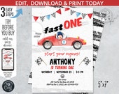 Fast ONE vintage race car birthday invitation, one speed 1st birthday party racing blue red retro car party. Editable printable. 211HPA 06 Il_170x135