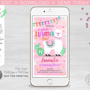 Llama electronic birthday party invitation any age fiesta. A whole llama fun. Smartphone e-vite digital invite. 400HPA E072 02 072HPA