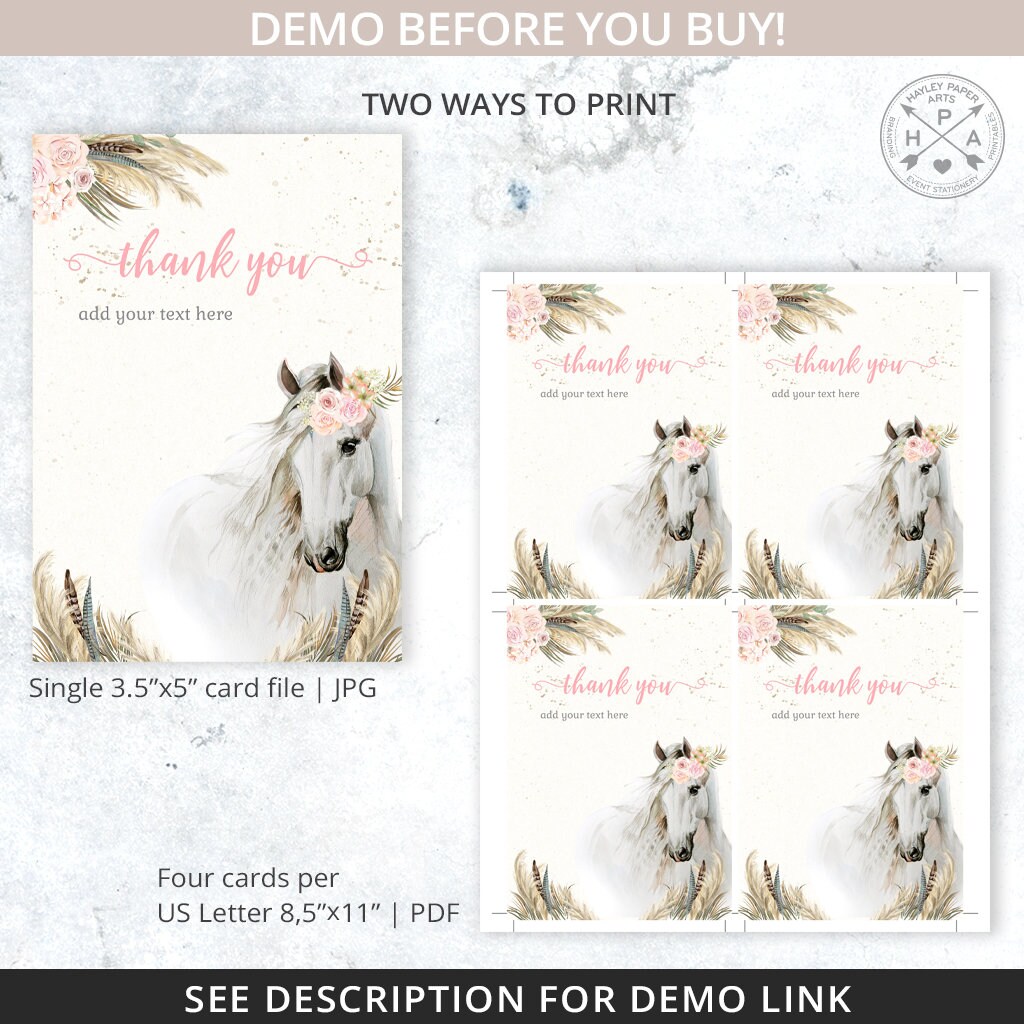 Horse Cowgirl Birthday Thank You Card Party Floral Girl Pony Watercolor ...