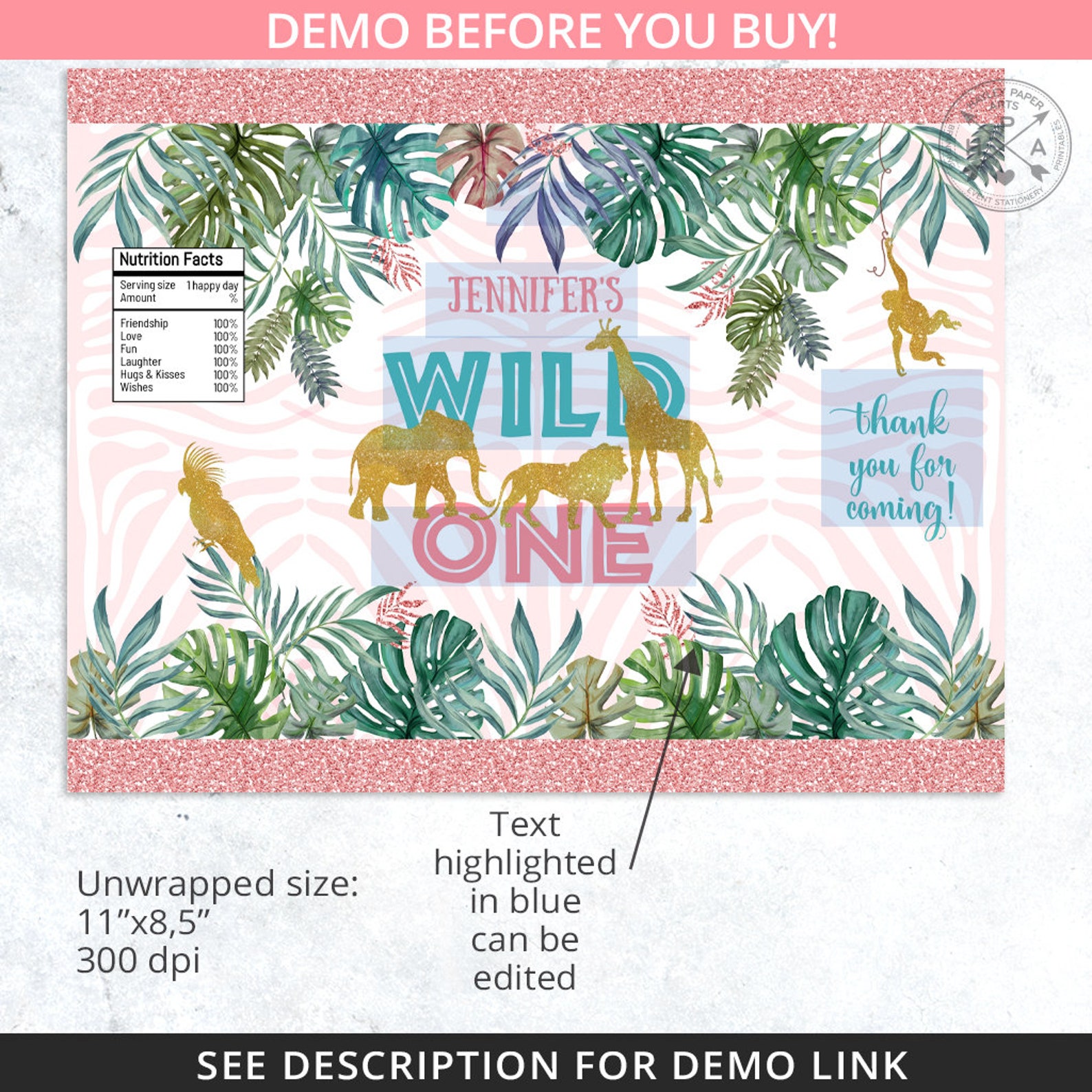 BUNDLE Jungle Girl Wild One Chips Bag, Juice Bags, Safari Water Bottle ...