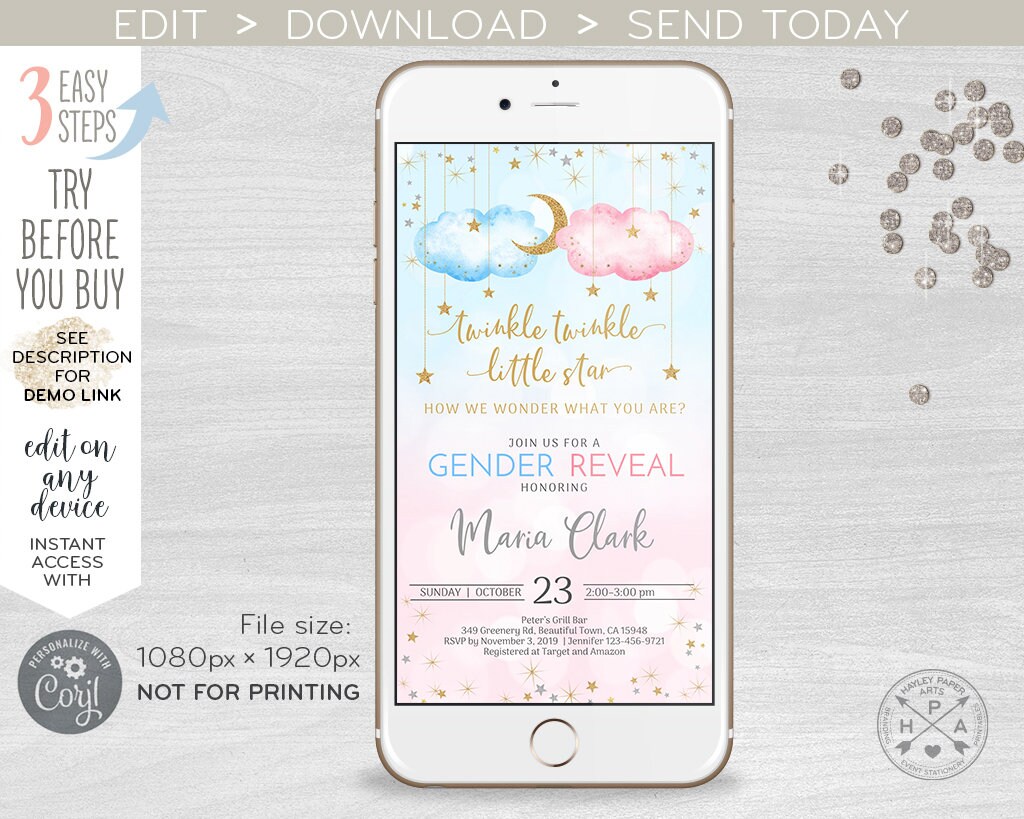 Twinkle twinkle little star gender reveal blue pink clouds stars party baby shower electronic invitation smartphone evite