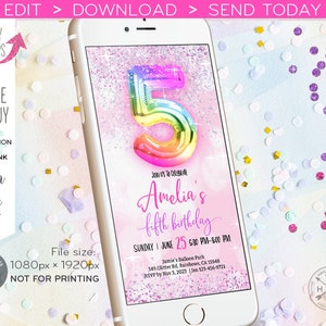 May include: A digital invitation for a 5th birthday party. The invitation features a rainbow-colored balloon number 5, pink glitter, and the text "Join us to celebrate Amelia's fifth birthday". The invitation is designed to look like a smartphone screen.