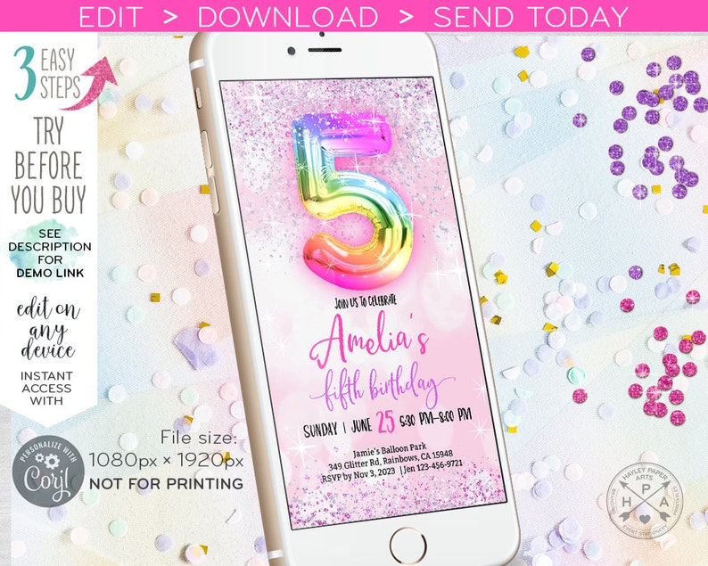 May include: A digital invitation for a 5th birthday party. The invitation features a rainbow-colored balloon number 5, pink glitter, and the text "Join us to celebrate Amelia's fifth birthday". The invitation is designed to look like a smartphone screen.