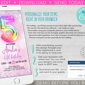 May include: A pink and white digital invitation with a rainbow balloon number 5 for a fifth birthday party. The invitation says "Join us to celebrate Amelia's fifth birthday" and includes the date and time of the party. The invitation also includes instructions on how to personalize the invitation using Corjl.com.
