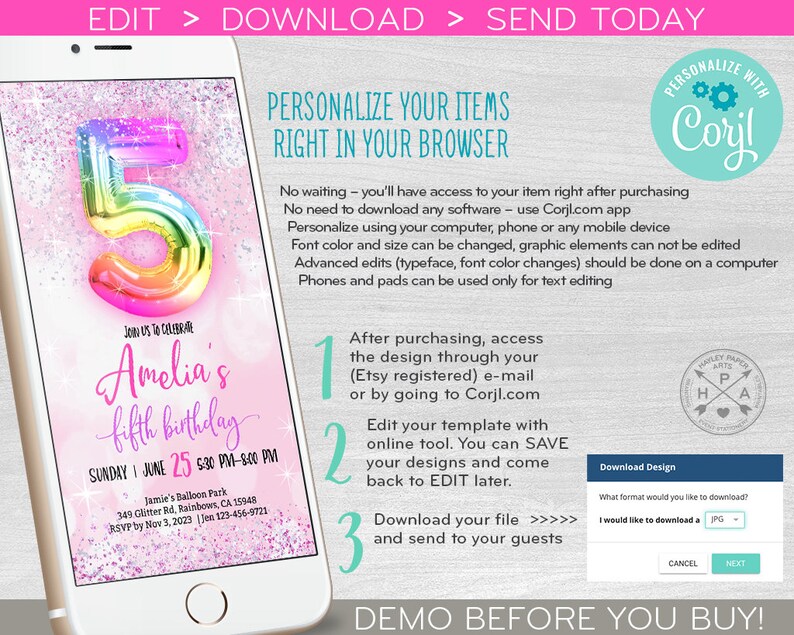 May include: A pink and white digital invitation with a rainbow balloon number 5 for a fifth birthday party. The invitation says "Join us to celebrate Amelia's fifth birthday" and includes the date and time of the party. The invitation also includes instructions on how to personalize the invitation using Corjl.com.