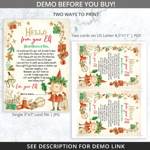 May include: A digital Christmas card design with the text "Hello from your Elf" and a letter to Olivia & Paul. The card features an elf illustration, gift boxes, and candy canes. Two printing options are shown.