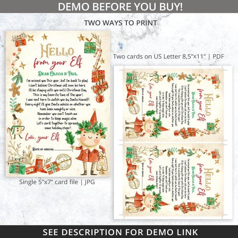May include: A digital Christmas card design with the text "Hello from your Elf" and a letter to Olivia & Paul. The card features an elf illustration, gift boxes, and candy canes. Two printing options are shown.