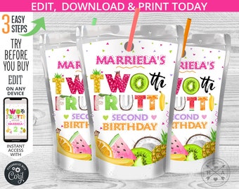 Etiqueta de bolsa de jugo Twotti frutti, pegatina de bolsa de jugo, bolsa de bebida, frutas tropicales, piña, segunda fiesta de 2º cumpleaños. Imprimible. 028HPA 31B