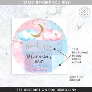 Twinkle twinkle little star tag gender reveal baby shower favor tag thank you labels. Blue pink clouds stars round circle 3"x3". 177HPA 21 E image 3