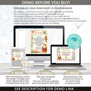 May include: A digital mockup showing how to personalize a printable Christmas certificate template using the Corjl.com website. The certificate features a red and green border with a Santa Claus illustration and the text "Nice List" and "Olivia Johnson".