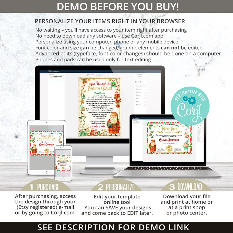 May include: A digital mockup showing how to personalize a printable Christmas certificate template using the Corjl.com website. The certificate features a red and green border with a Santa Claus illustration and the text "Nice List" and "Olivia Johnson".
