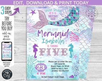 Mermaid fifth birthday under the sea invitation purple glitter aqua pink girl five party invite invitations. Editable template. 060HPA 23