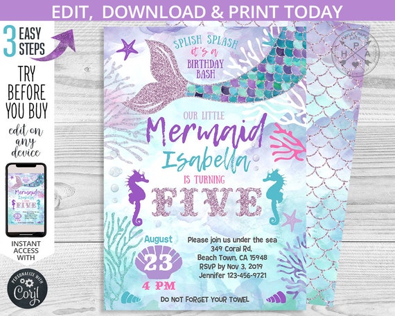 Mermaid fifth birthday under the sea invitation purple glitter aqua pink girl five party invite invitations. Editable template. 060HPA 23 Il_570xn