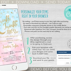 May include: A digital invitation for a gender reveal party with a blue and pink watercolor background. The invitation features a gold glitter moon and stars with the text "Twinkle Twinkle Little Star" and the words "Gender Reveal Party" in pink and gold. The invitation also includes the date, time, and location of the party.